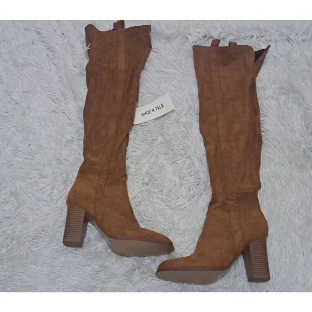 Shoe'N Tale Women Boots Brown Faux Suede Chunky‎ Heel Over The Knee Thigh High